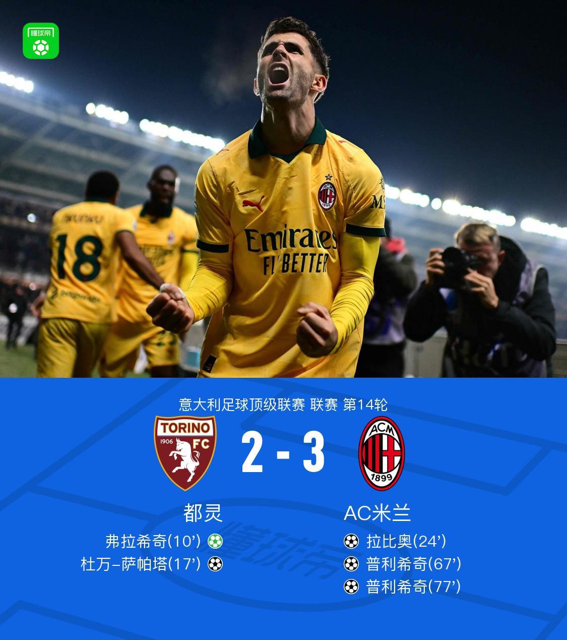 剑南春｜米兰让二追三3-2都灵，普利希奇替补双响，拉比奥世界波