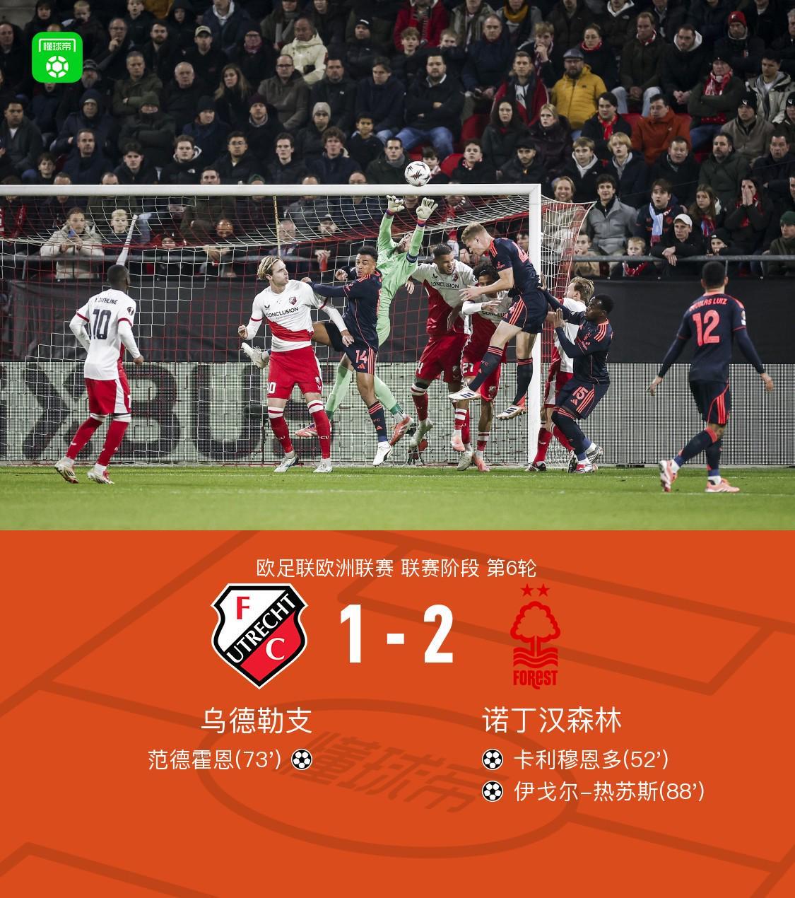 森林2-1乌德勒支,卡列穆恩的、热苏斯建功