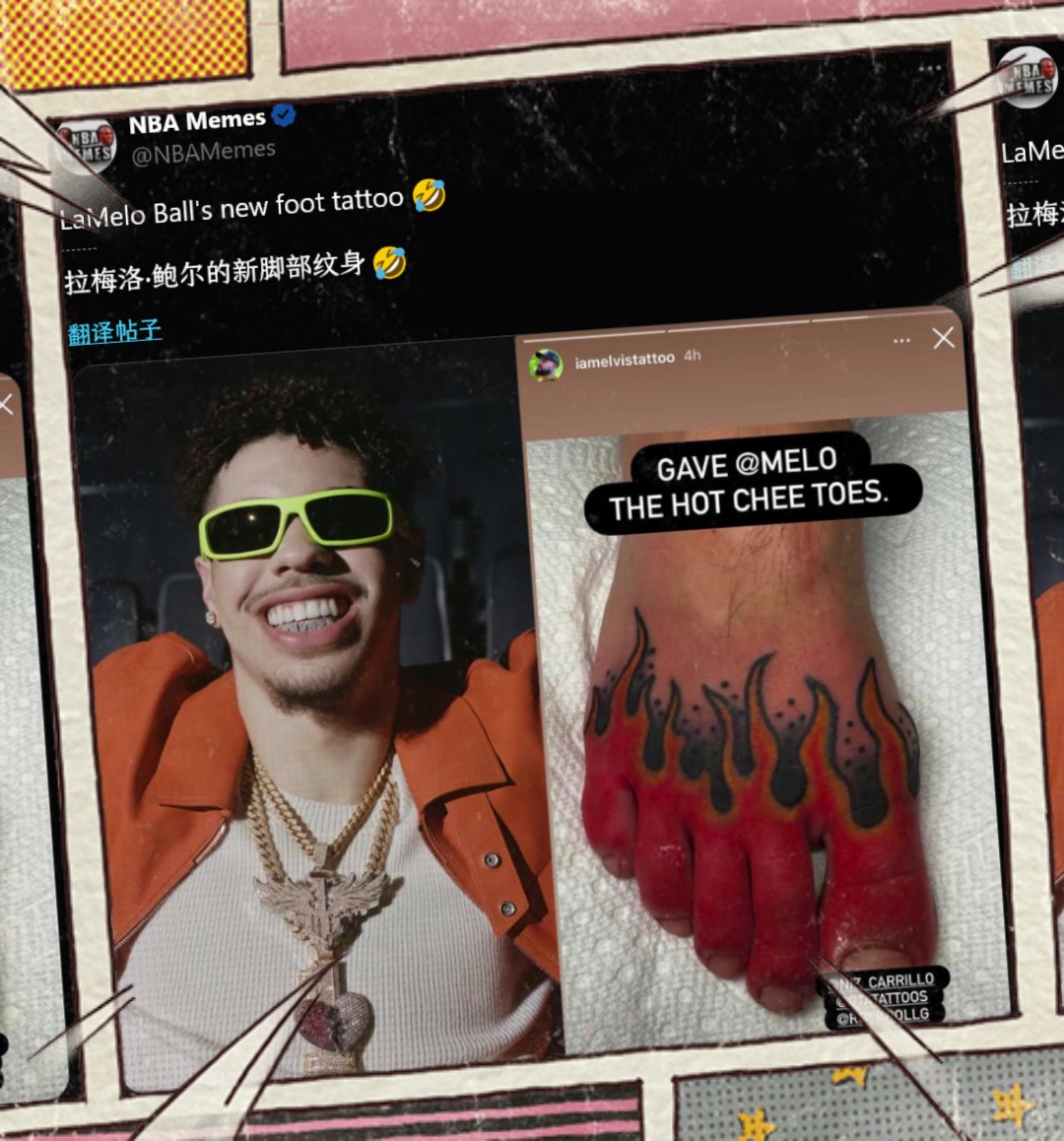 实在欣赏不来三球拉梅洛-鲍尔晒出足部新纹身简直逆天啊