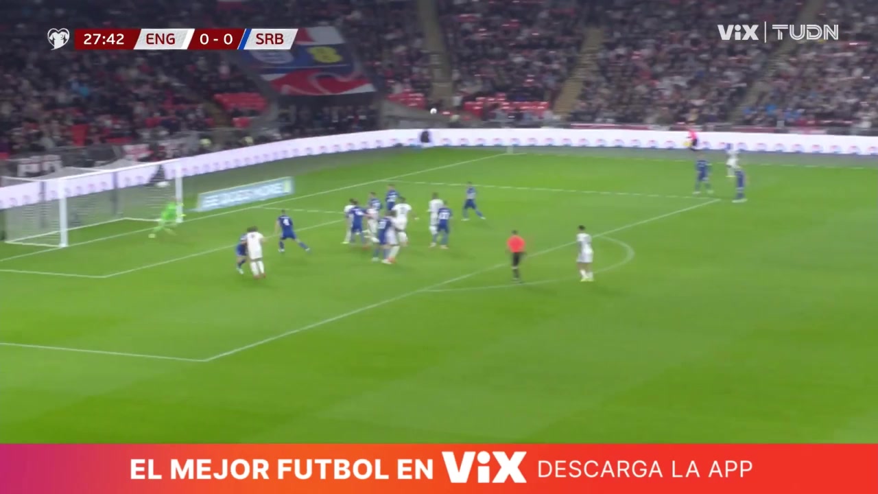 萨卡禁区内不停球精彩凌空斩破门英格兰1-0领先塞尔维亚